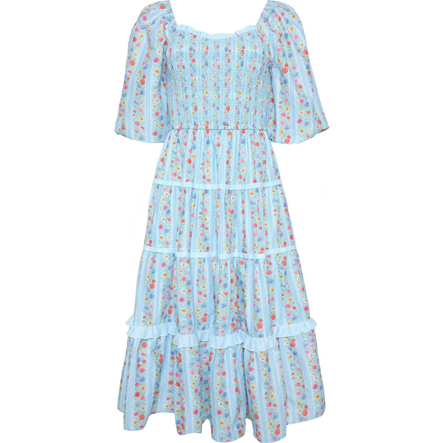 Roselyn Dress in Blue Linear Floral Print