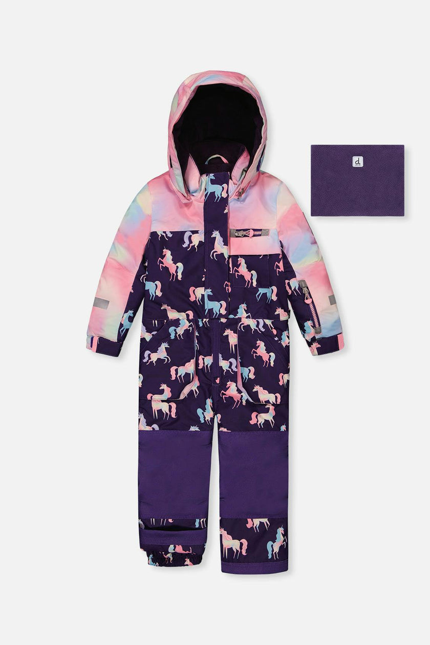 Kids One Piece Play Snowsuit Purple Unicorn Print