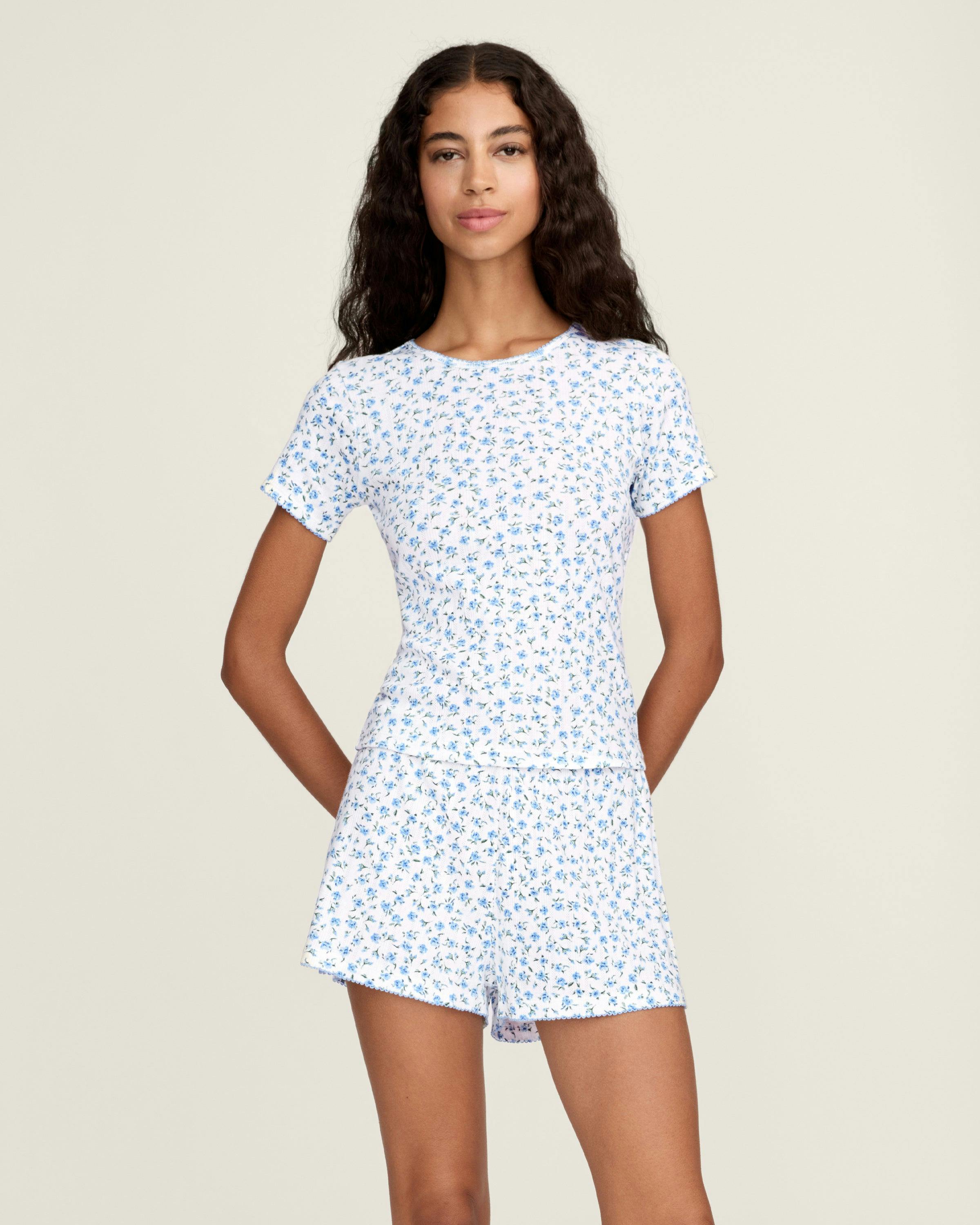 Women's Pointelle Shorts in Blue Floral