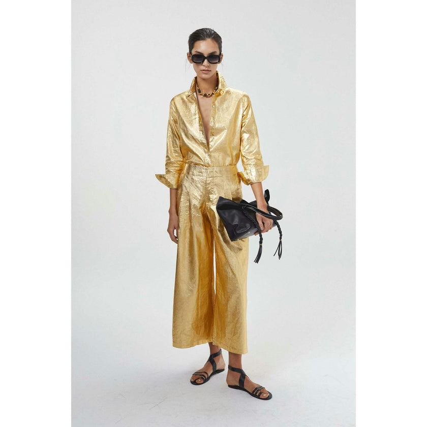 Culotte Metallic Linen Pants - Gold