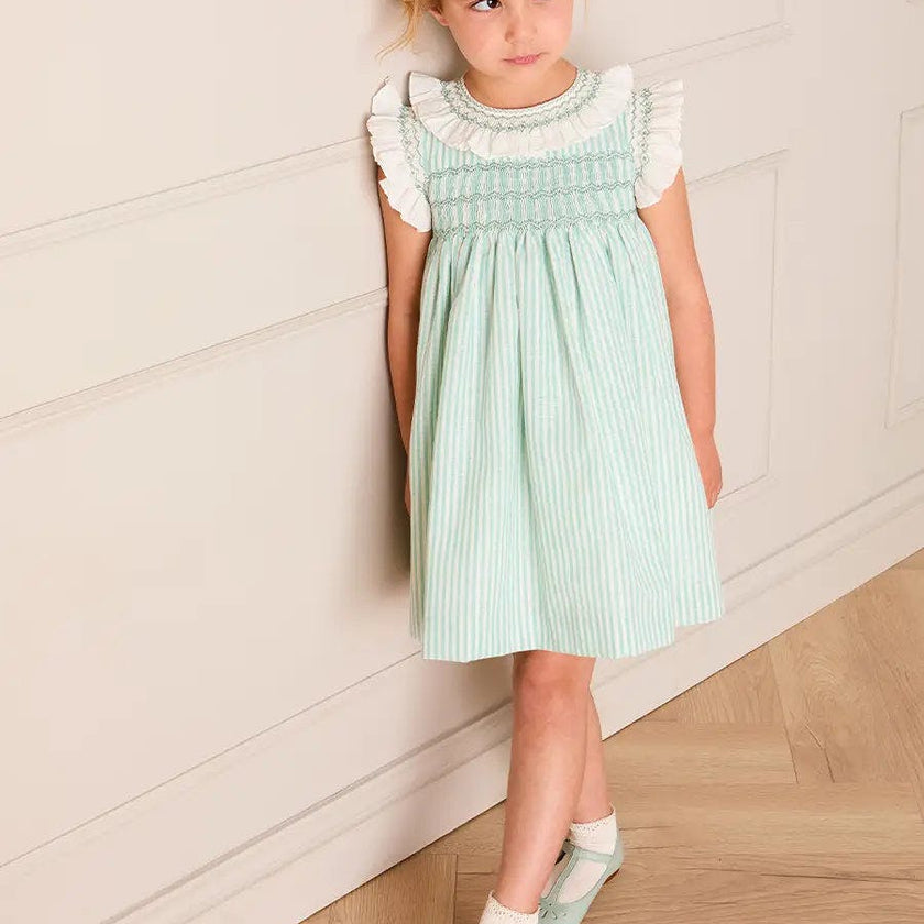 Wimbledon Stripe Hand Smocked Frill Collar Cap Sleeve Dress in Green (12mths- 10yrs)