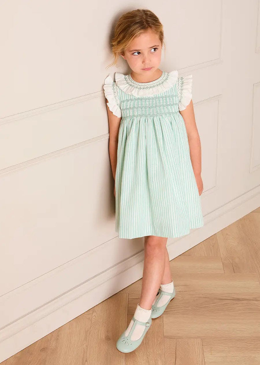 Wimbledon Stripe Hand Smocked Frill Collar Cap Sleeve Dress in Green (12mths- 10yrs)