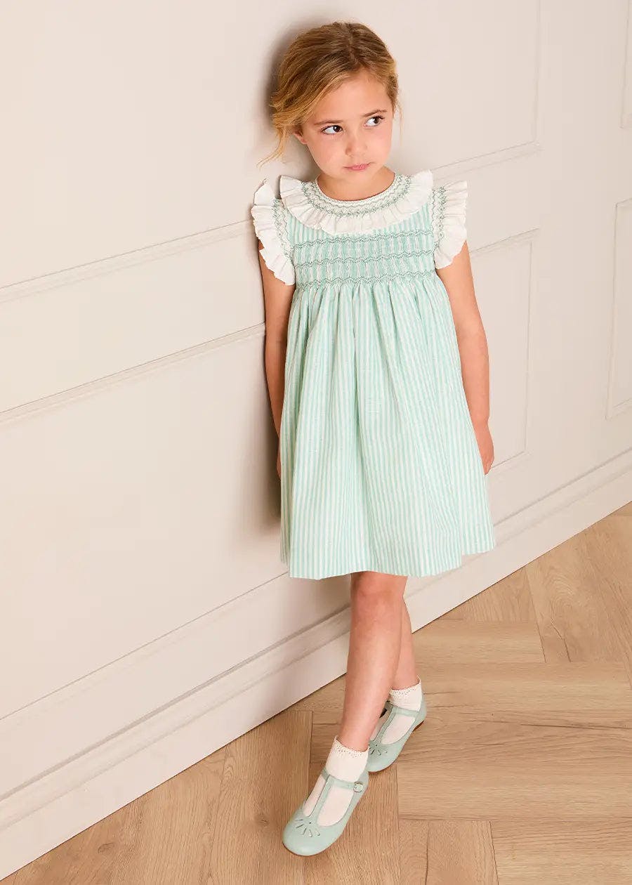 Wimbledon Stripe Hand Smocked Frill Collar Cap Sleeve Dress in Green (12mths- 10yrs)