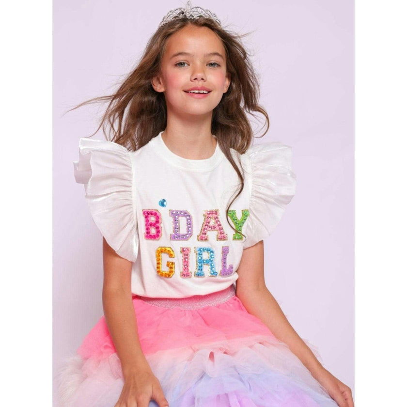 Birthday Girl Gem Ruffle Sleeve Shirt