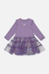 Bi-Material Dress With Muslin And Mesh Skirt Purple Gray