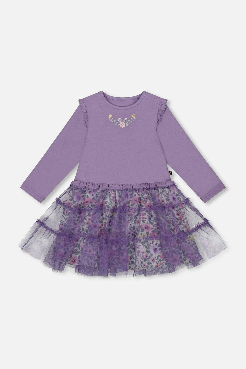 Bi-Material Dress With Muslin And Mesh Skirt Purple Gray