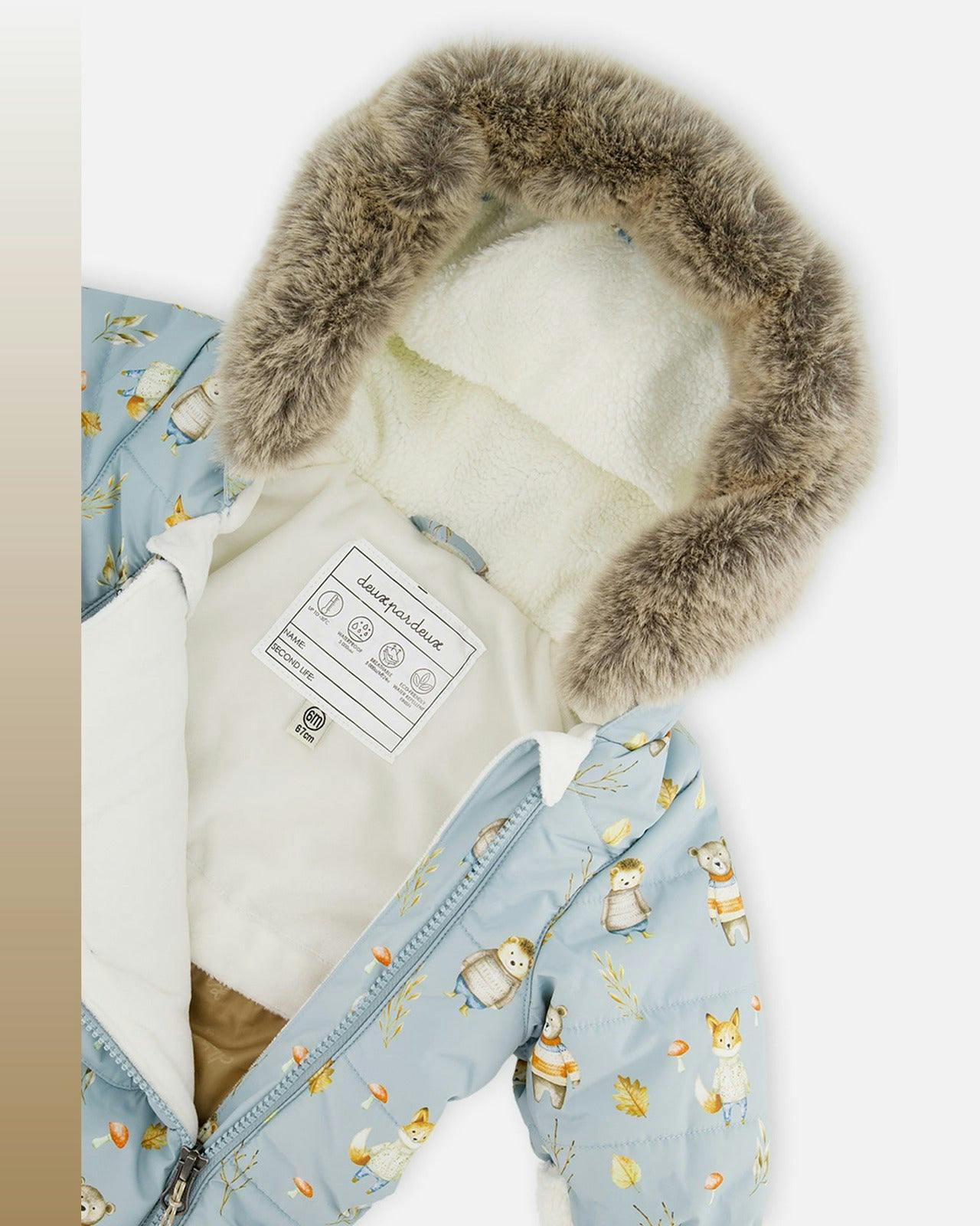 Baby One Piece Snowsuit Adapted For Car Seats Blue Animal Print