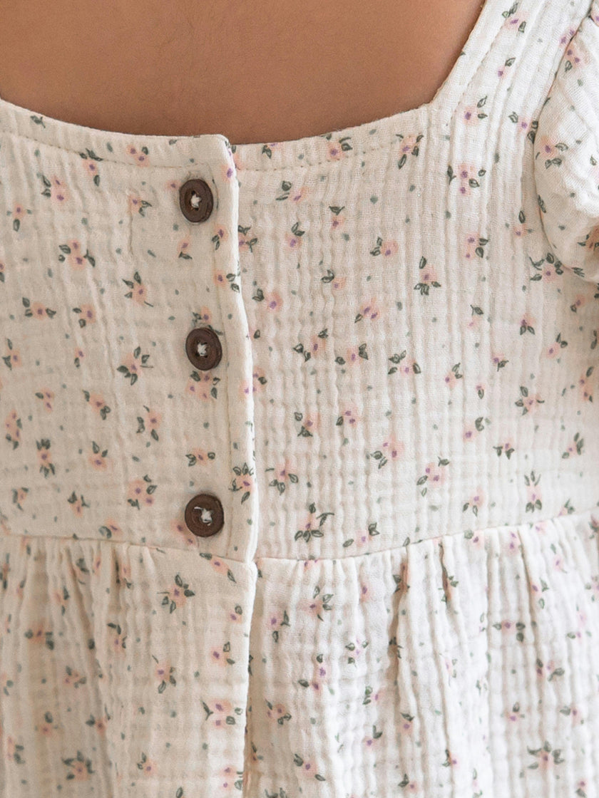 Celine Muslin Square Neck Dress - Camellia Floral / Shell + Fern