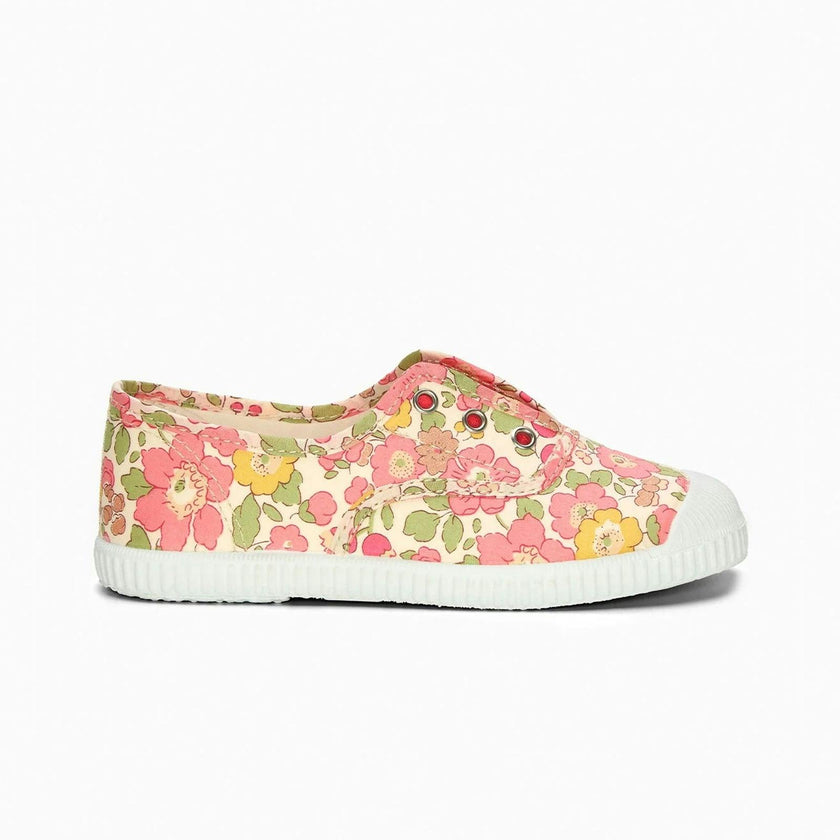 Hampton Canvas Plum Print Plimsolls in Peach Sparkle Betsy