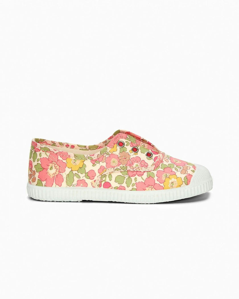 Hampton Canvas Plum Print Plimsolls in Peach Sparkle Betsy