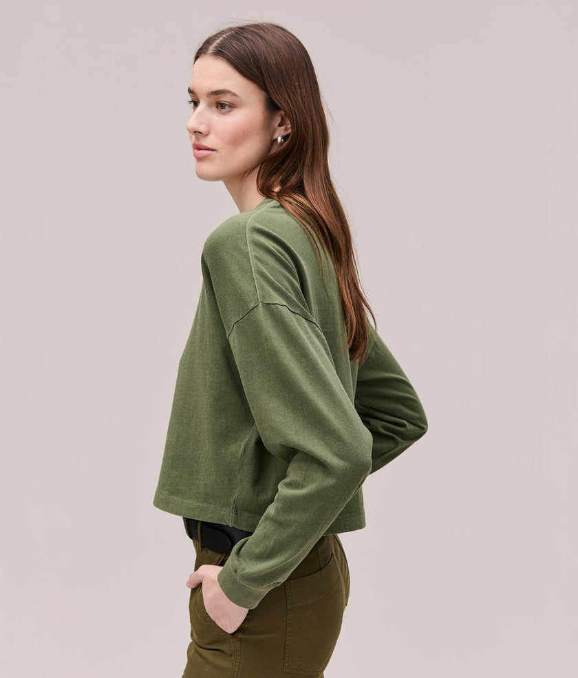 Womens Relaxed Crop Long Sleeve Tee - Pigment Dye Jersey - Cypress