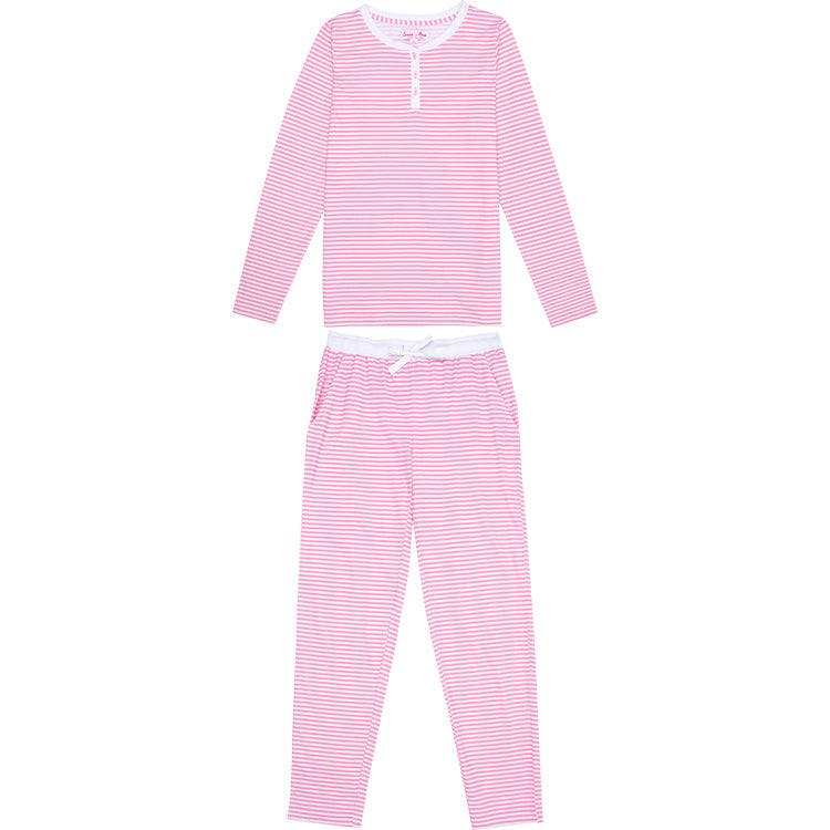 Women's Peony Jersey Long PJ Set - Pink Stripe Organic Stretch Cotton