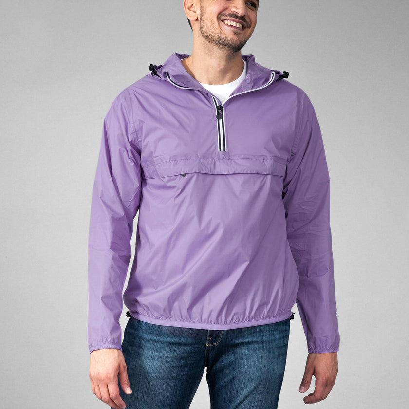 Light purple quarter zip packable rain jacket and windbreaker