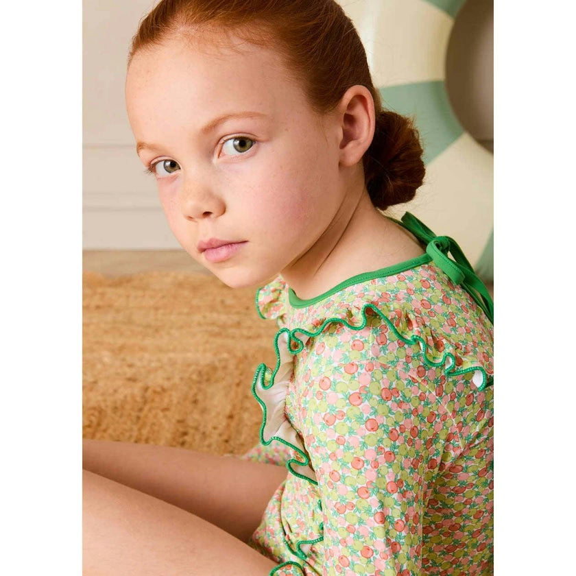 Annie Apple Print Ruffle Detail Long Sleeve Swimsuit in Green (12mths- 10yrs)