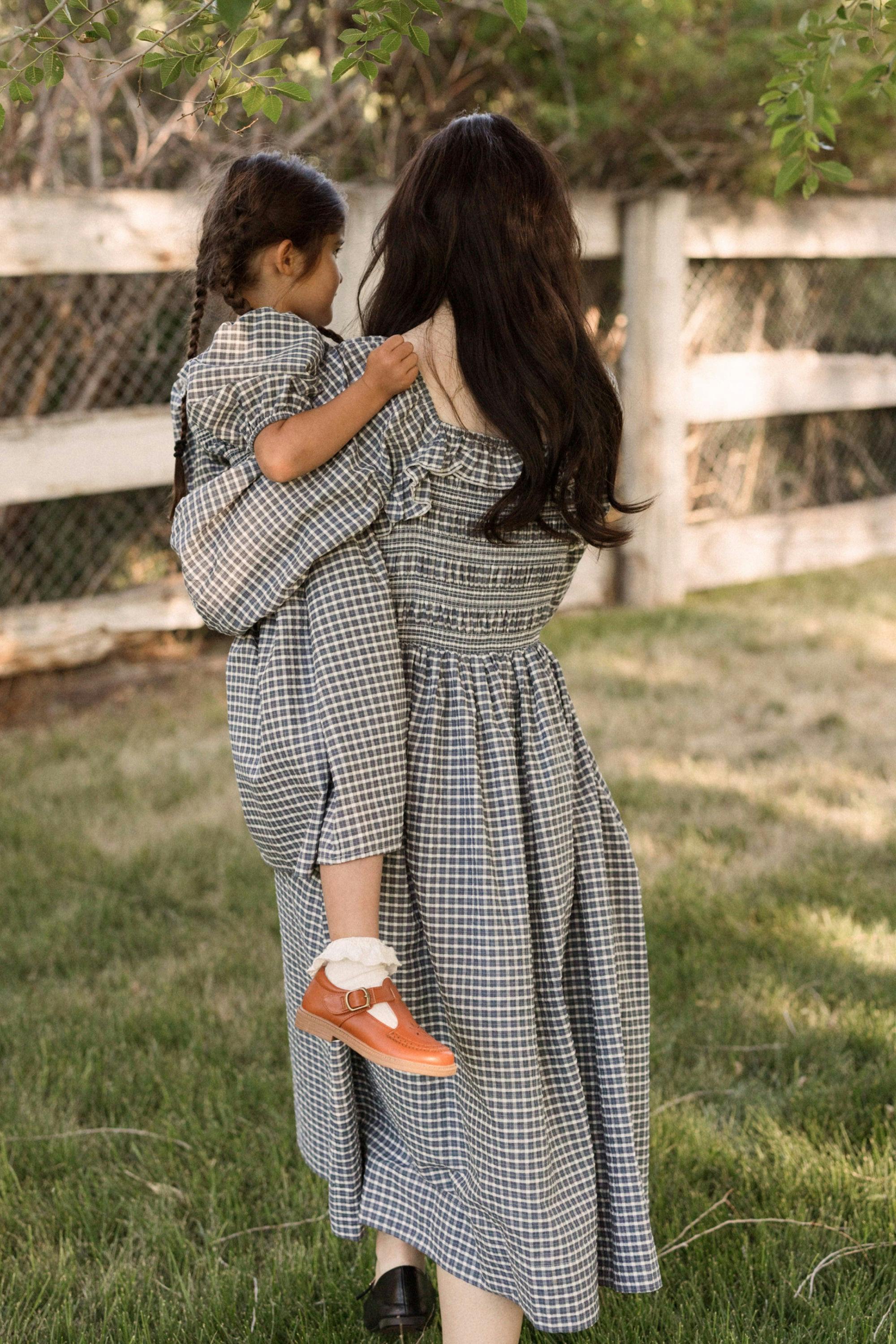 Mae 3/4 Sleeves Dress in Prussian Blue Plaid