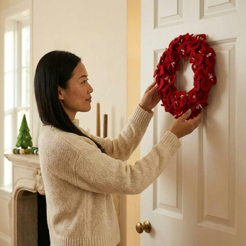 Handmade Hand Felted Wool Wreath - Red Amaryllis Flowers - 14"