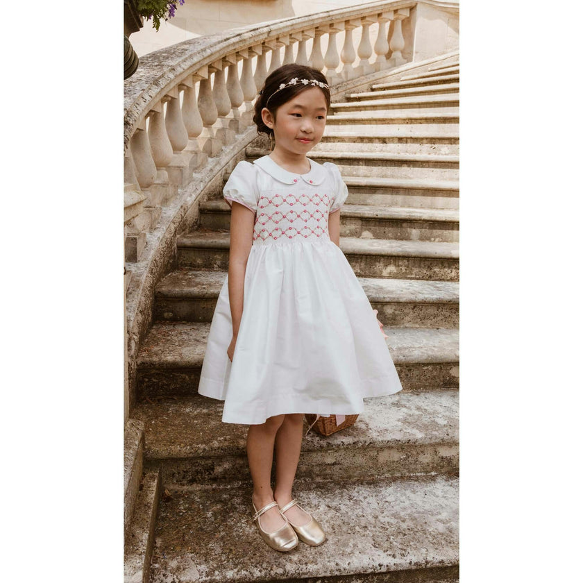 Bagatelle White/Pink Silk Handmade Smocked Dress