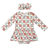 Baby Girl Long Sleeve Bodysuit Dress Set in Wavy Daisy Checkered