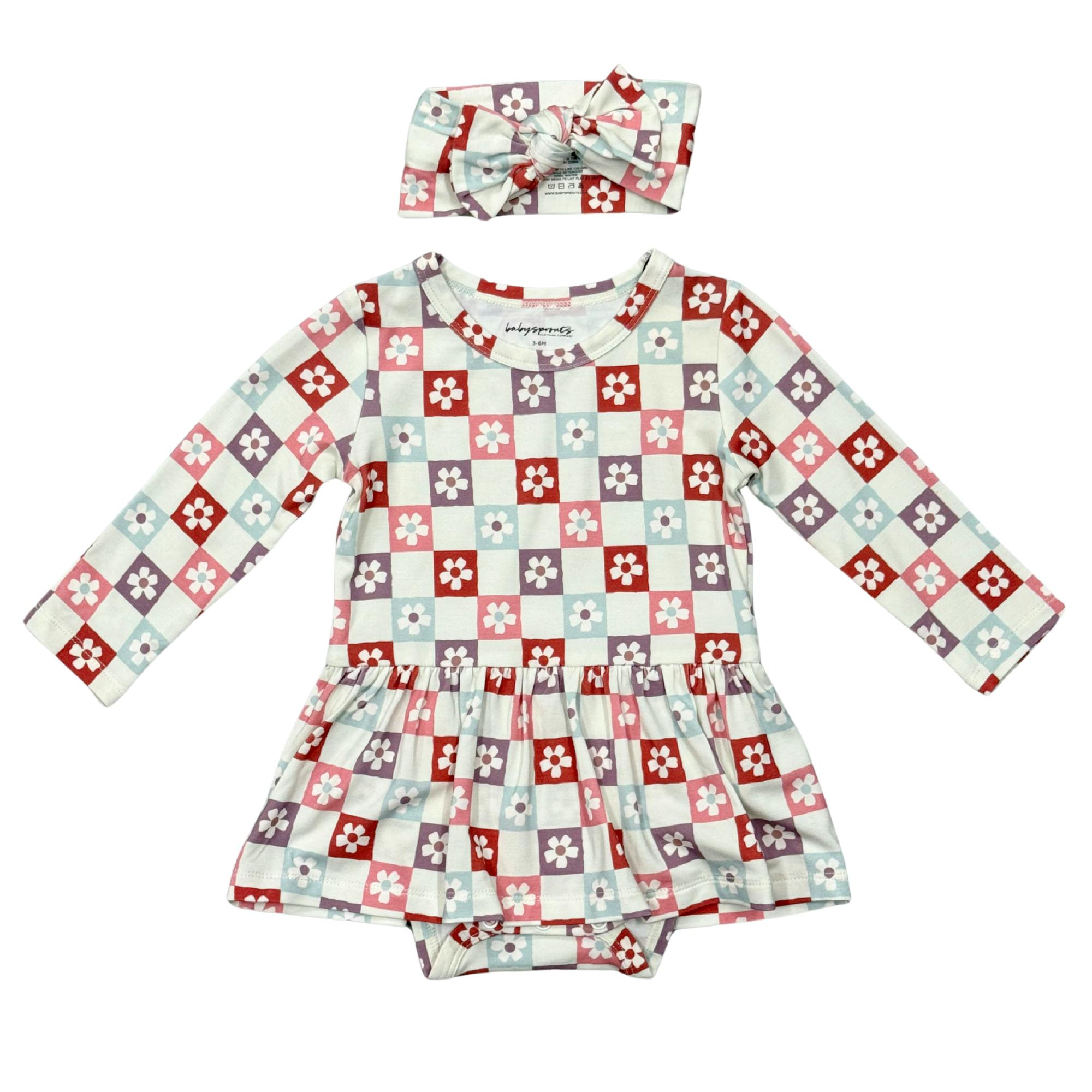 Baby Girl Long Sleeve Bodysuit Dress Set in Wavy Daisy Checkered