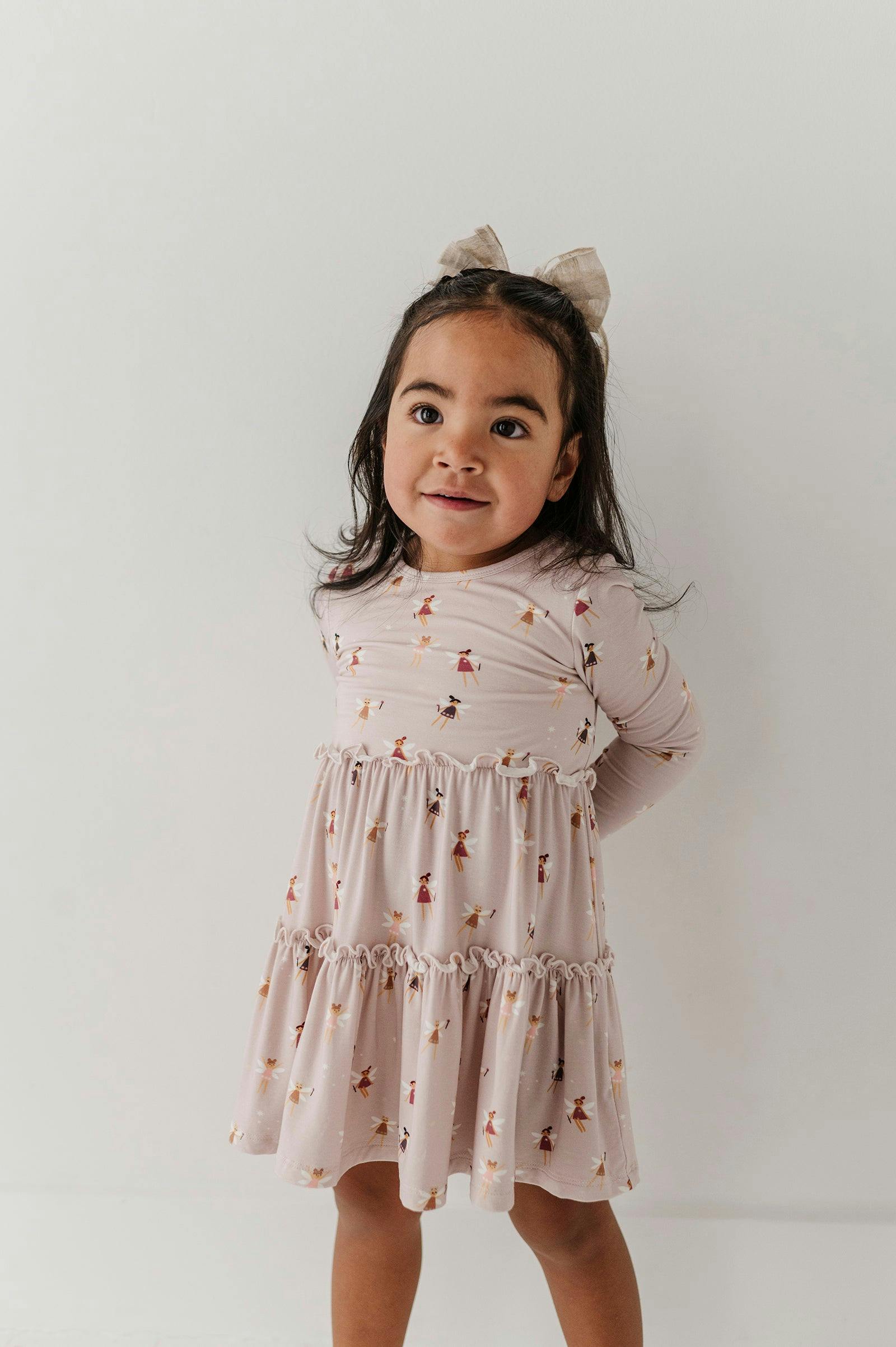 Girls Long Sleeve Double Tiered Dress in Fairies