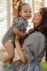 Baby Mae 3/4 Sleeves Romper in Prussian Blue Plaid