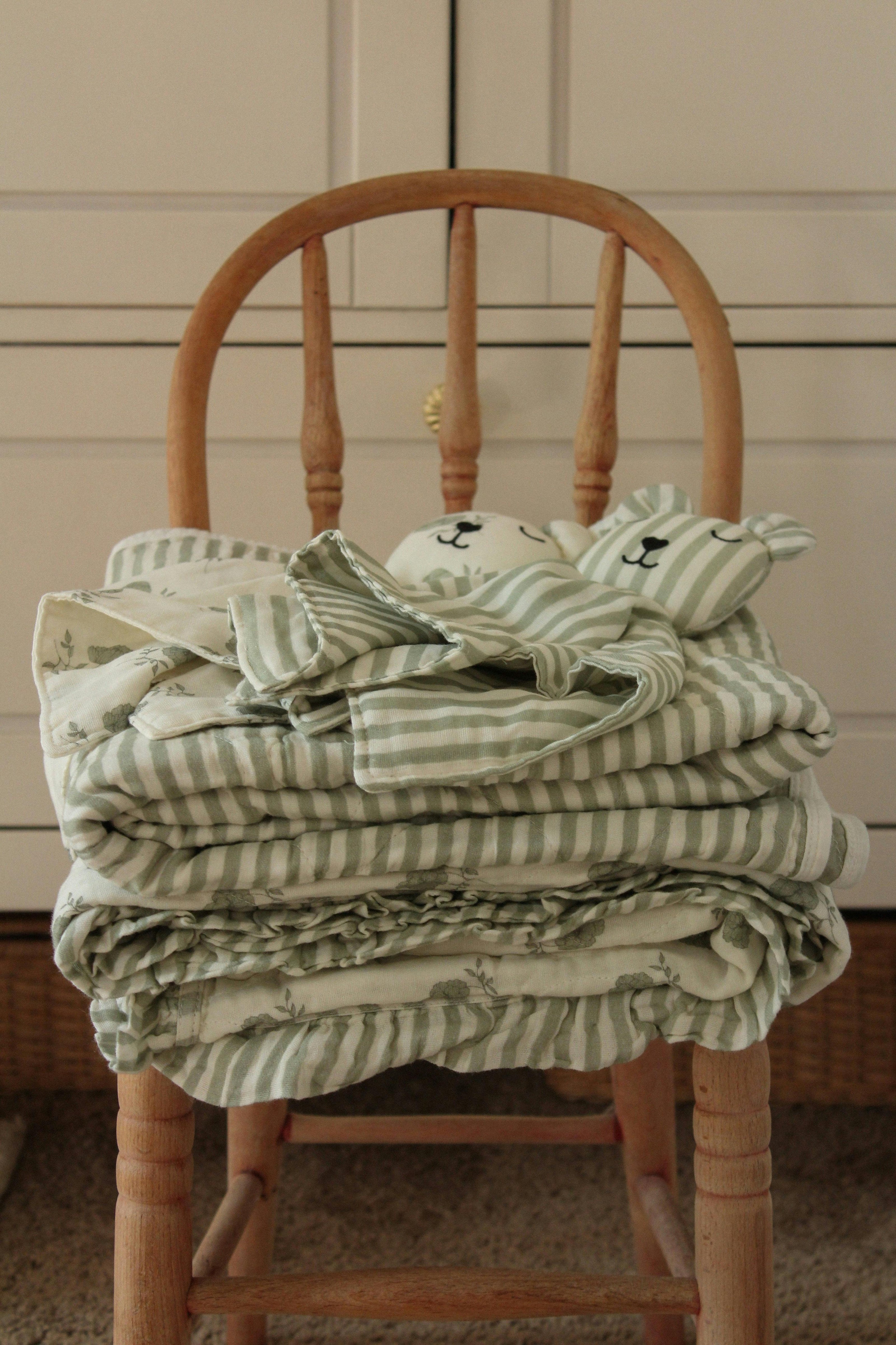 Elle Green Floral Ruffle Quilt Blanket + Bear Lovey SET