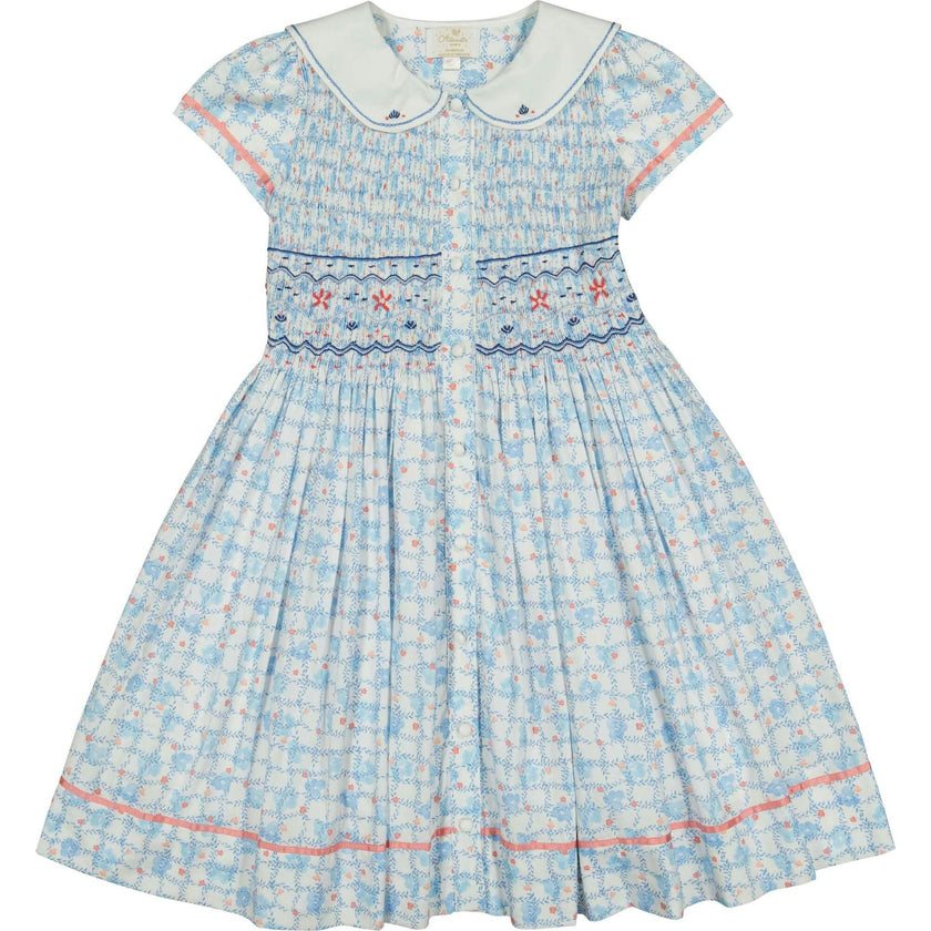 Riviera Blue Floral Short Sleeve Smocked Dress