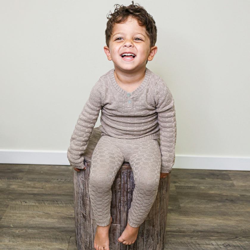 Tiny Tiles Knit Crew Neck Henley Sweater & Pant 2-Piece Set