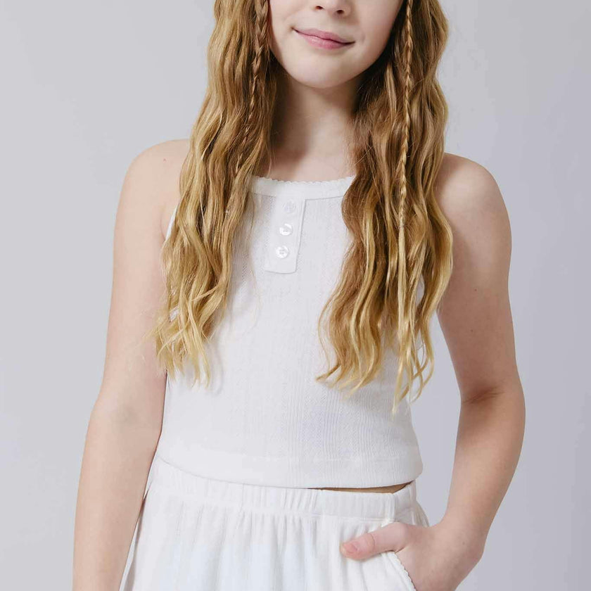 Girls Pointelle Tank in Bright White