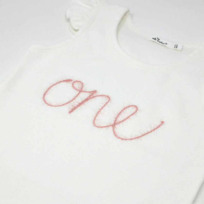 "One" Embroidered Cotton Rib Full Sleeve Tank, Cream And Pink