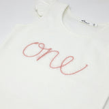 "One" Embroidered Cotton Rib Full Sleeve Tank, Cream And Pink