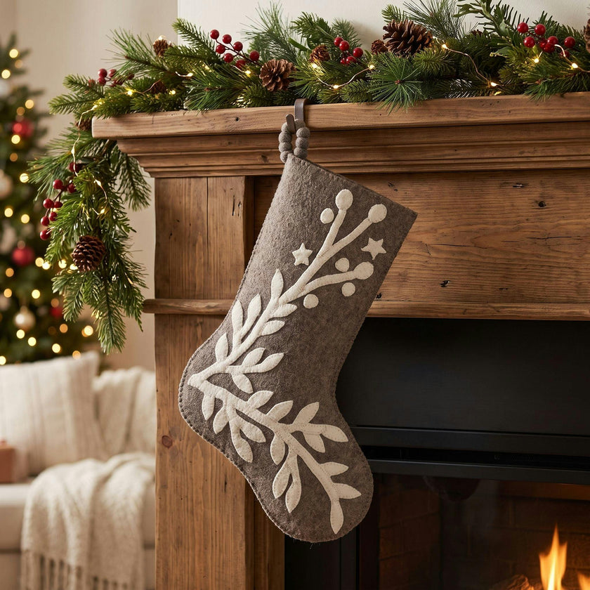 Hand Felted Wool Christmas Stocking, Stars and Branch Gray