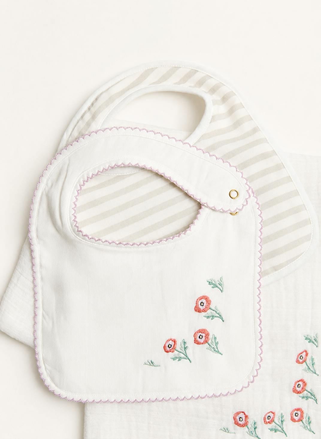 Baby Bibs & Shawl Blanket Set - Poppy Embroidered and Sand Striped