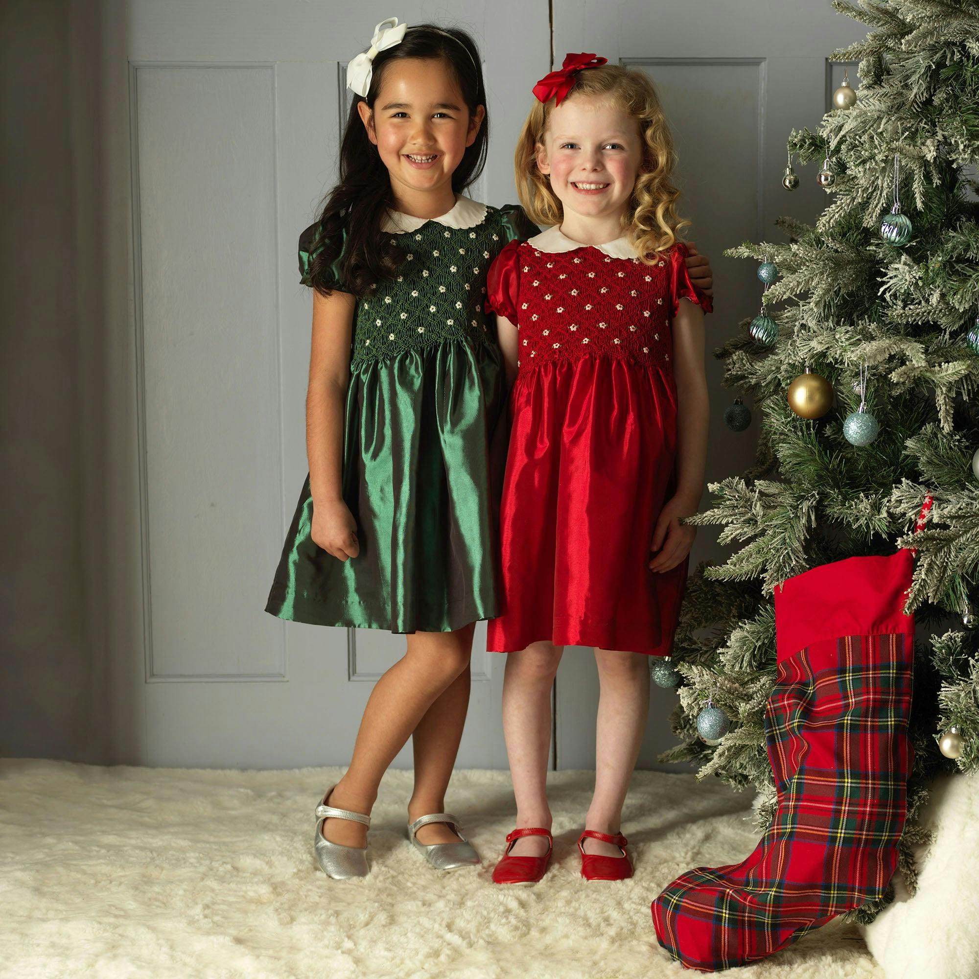 Green Taffeta Rosebud Smocked Dress