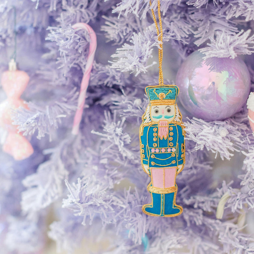 Blue and Pink Embroidered Nutcracker Christmas Ornament