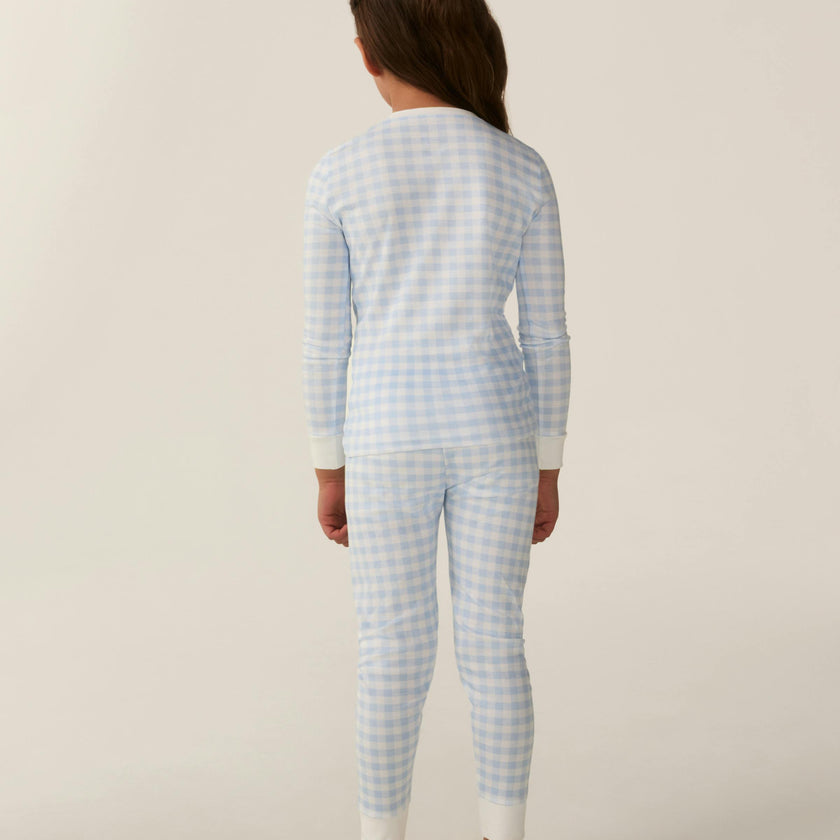 Kid's Pima Snug Fit Pajama Set in Light Blue Gingham