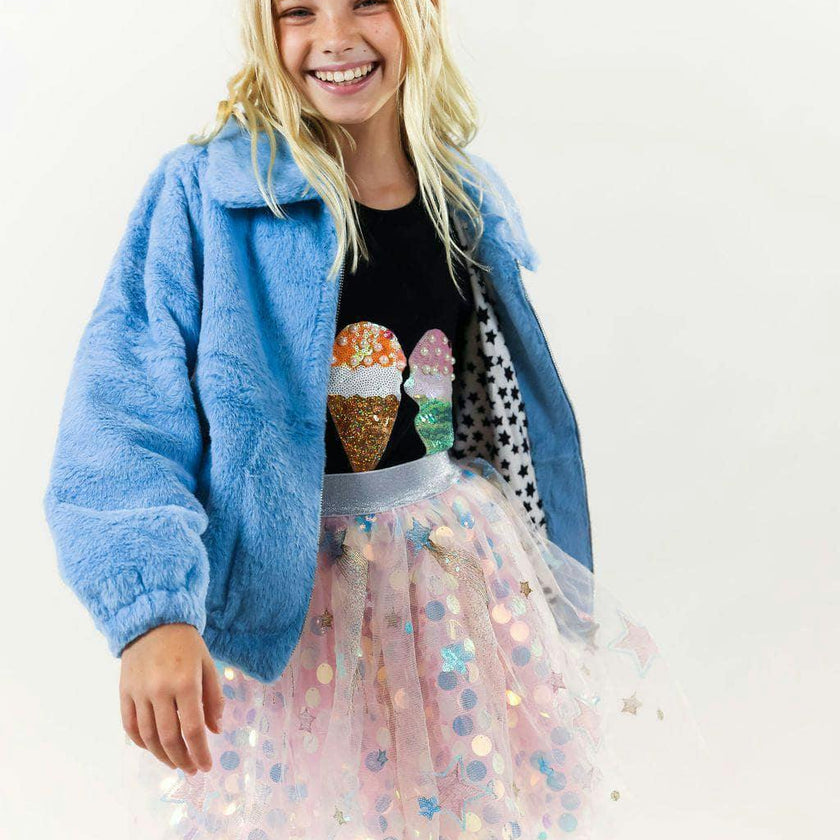 Rainbow Faux Fur Coat Baby Blue