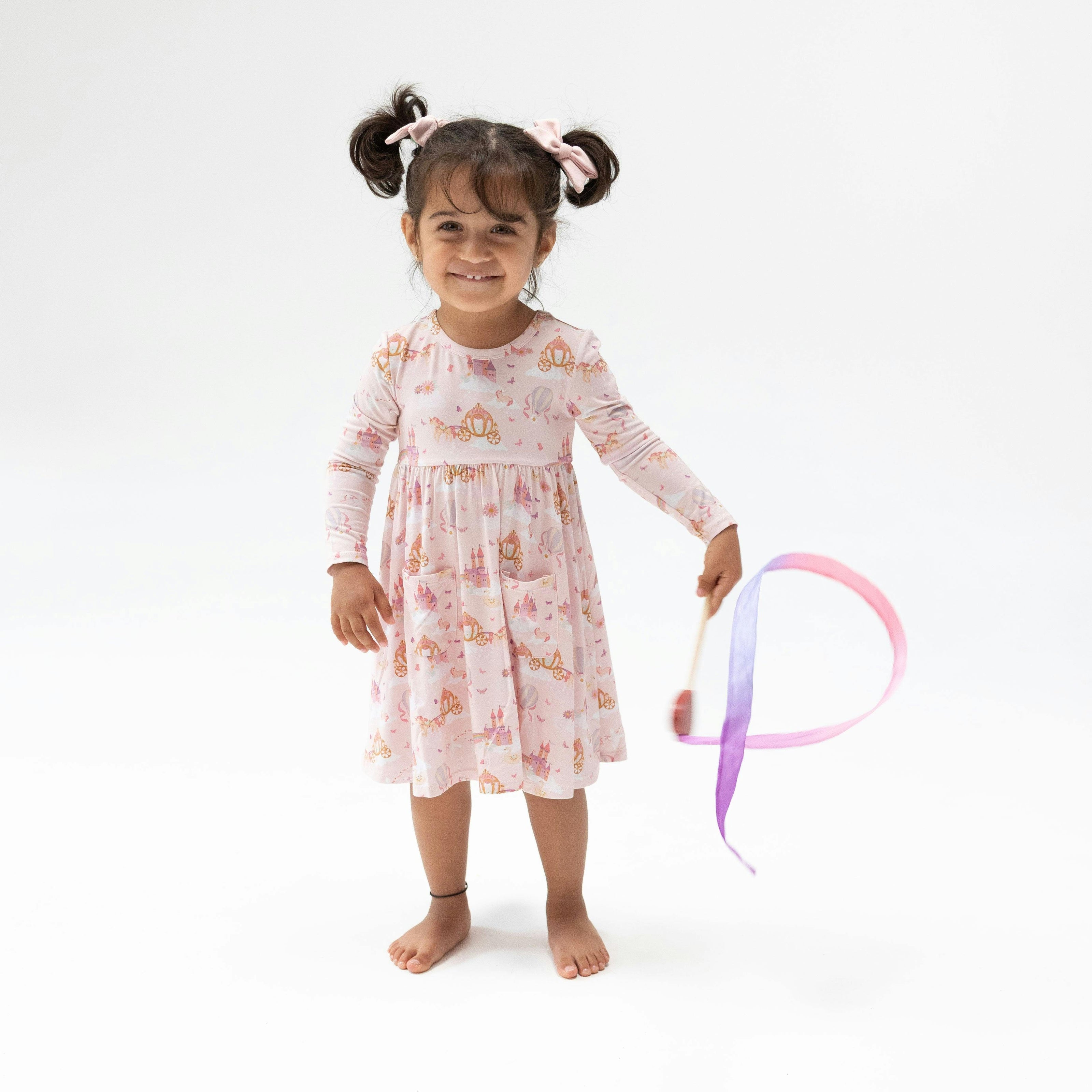 Princess Unicorns and Castle - Twirly Long Sleeve Dress with Bike Short