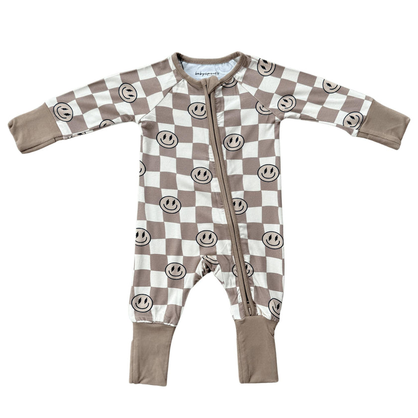 Baby Boy Long Sleeve Zip Romper in Smiley Check in Portabella