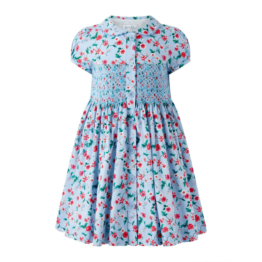 Blue Smocked Button-Front Dress