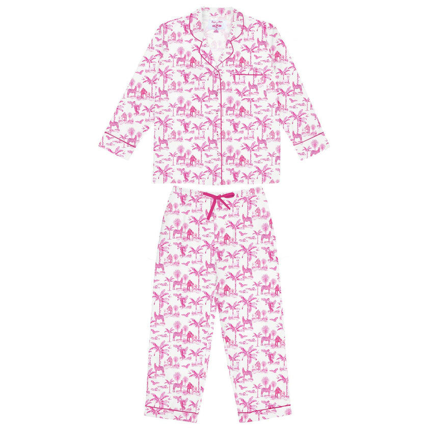 Women's Skydog Toile Pink Long PJ Set - Organic Cotton Poplin