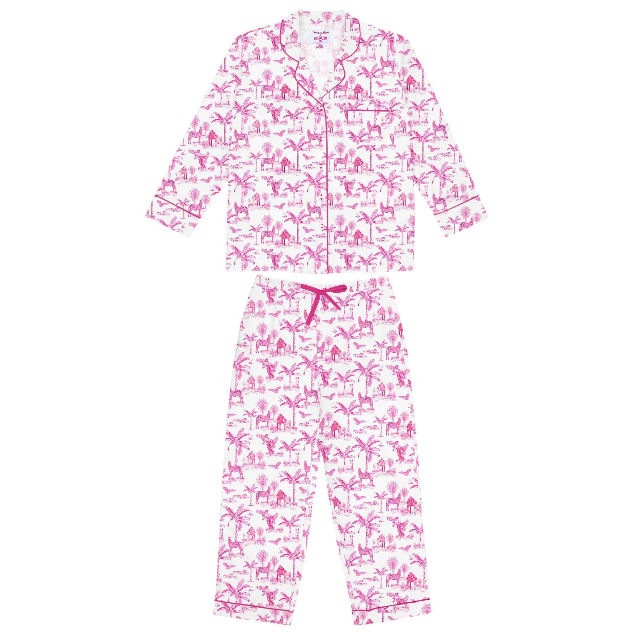 Women's Skydog Toile Pink Long PJ Set - Organic Cotton Poplin