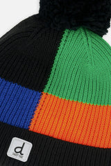 Winter Knit Hat with Pompom Black, Blue, Green and Orange Tiles