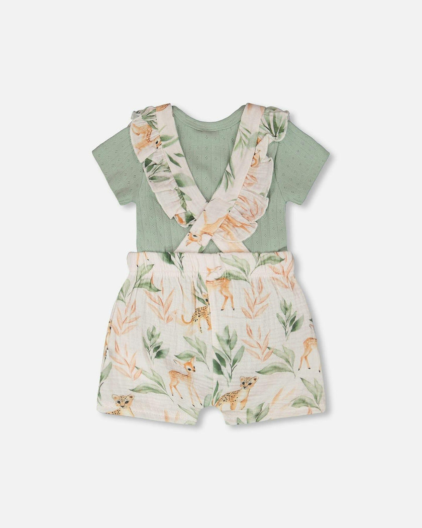Pointelle Onesie And Cotton Muslin Shortall Set Green And Peach Deer Print