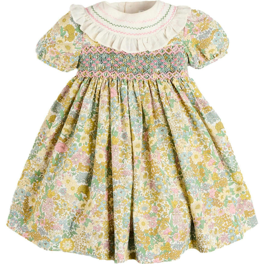 Charlotte Floral Hand Smocked Embroidered Collar Short Sleeve Dress in Green (4-8yrs)