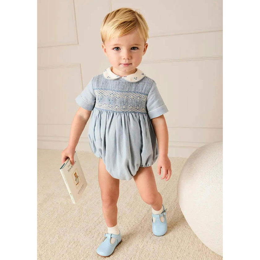 Hand Smocked Peter Pan Collar Short Sleeve Romper in Sky Blue (3mths-2yrs)