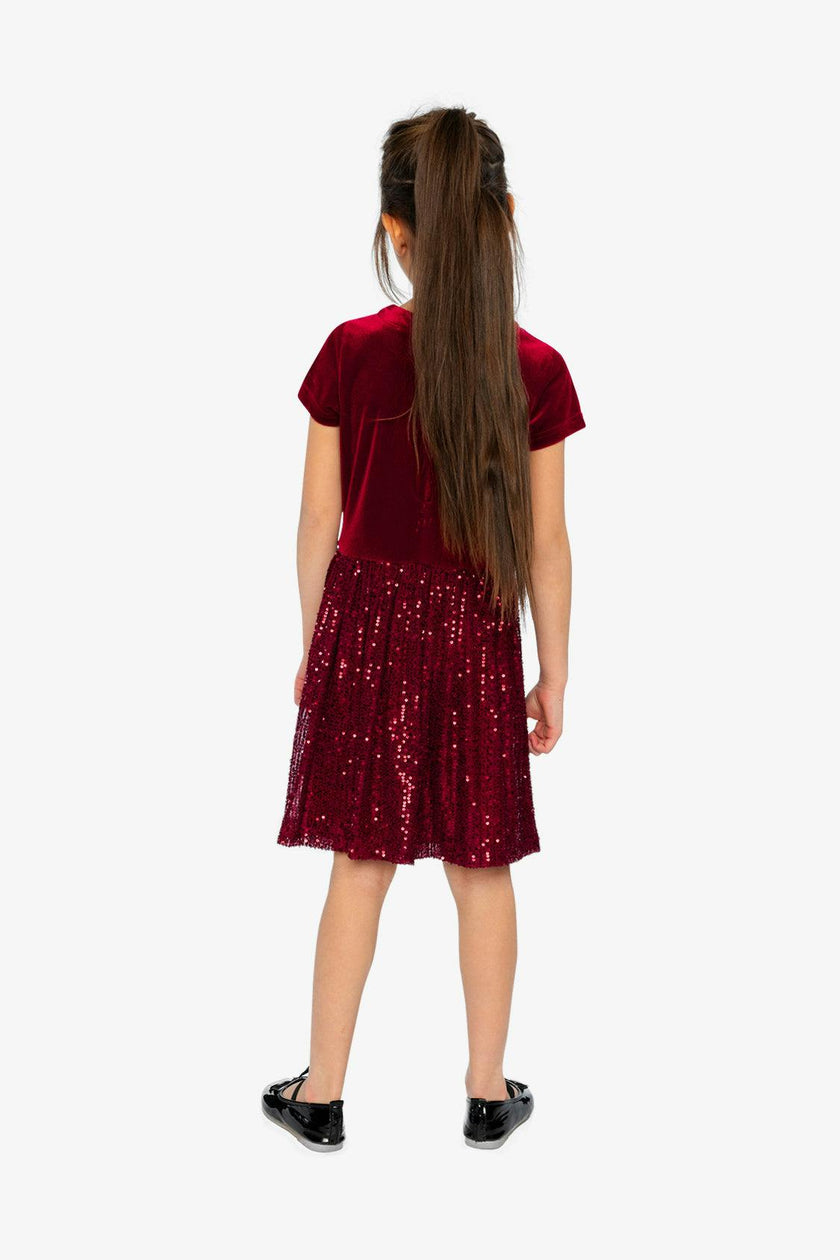 Bi-Material Short Sleeve Dress With Glittering Skirt Red