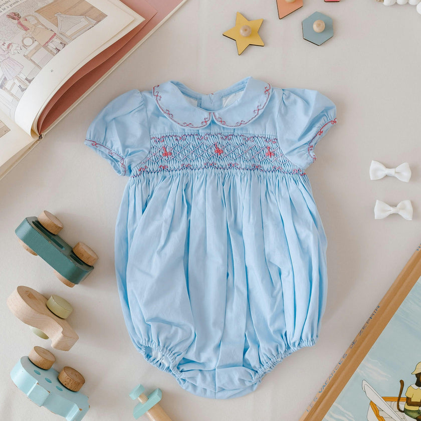 Princess Charlotte Sky Blue Smocked Baby Romper