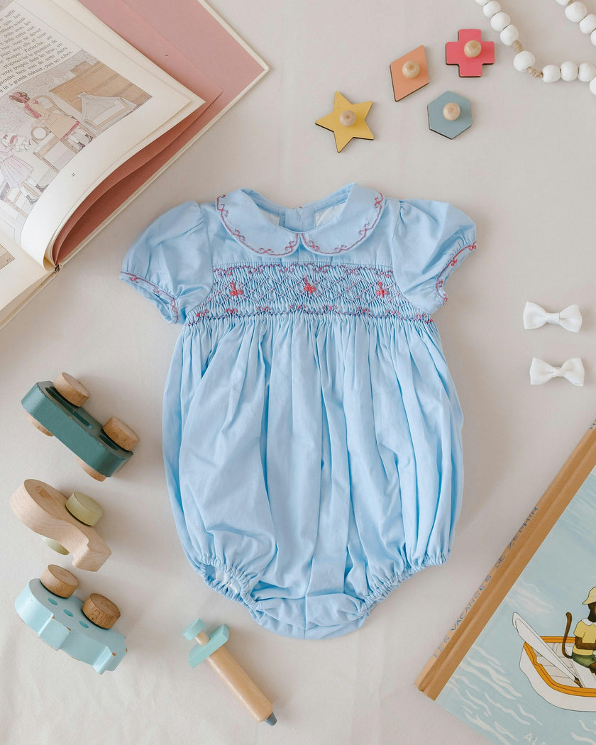Princess Charlotte Sky Blue Smocked Baby Romper