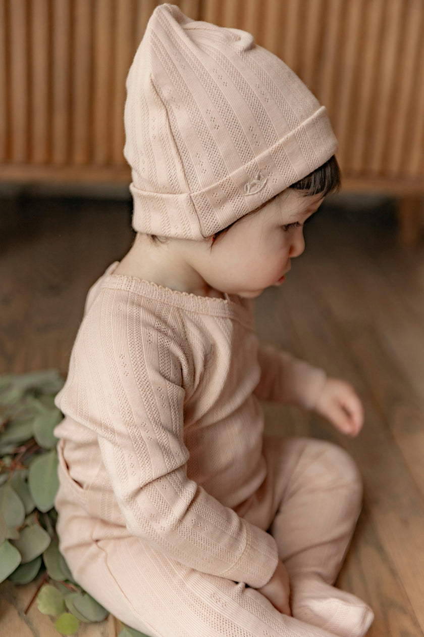 Wrap Ribbed Pointelle Romper and Hat Two Piece Set